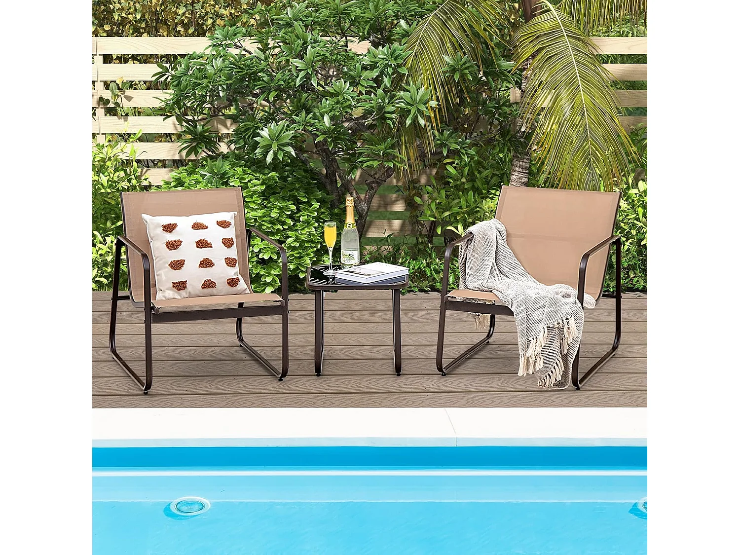 3-delige tuinmeubelset, balkonset met 2 stoelen en tafel, balkonmeubels, terrasmeubels, tuingarnituur, zitgroep voor terras, balkon, tuin (bruin) ZB34446