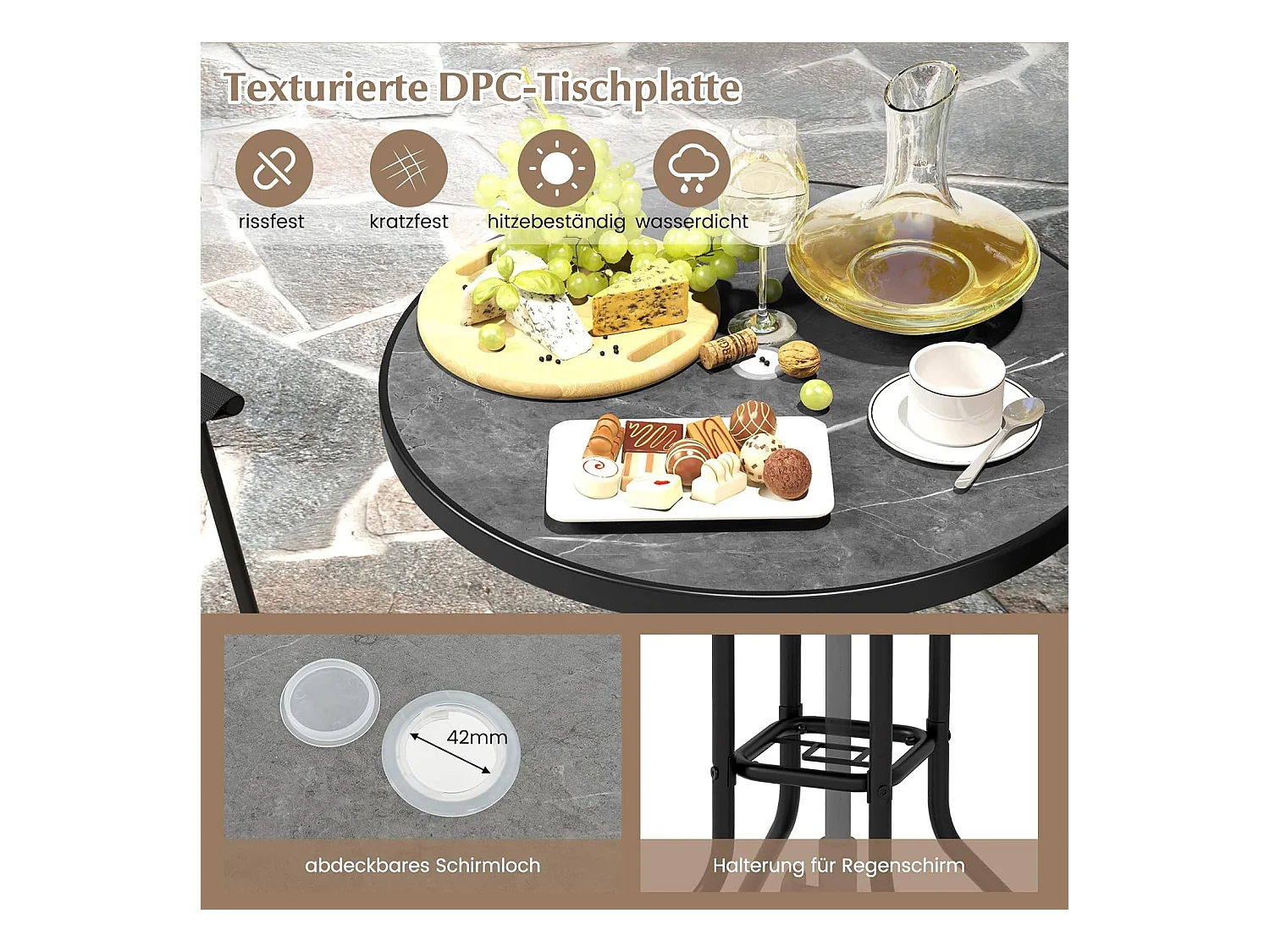 Bistrotafel met 2 inklapbare stoelen en paraplugat, 3-delige outdoor barkrukset, balkonmeubel, balkonset, tuinmeubelset, zitgroep, tuingarnituur ZB33963