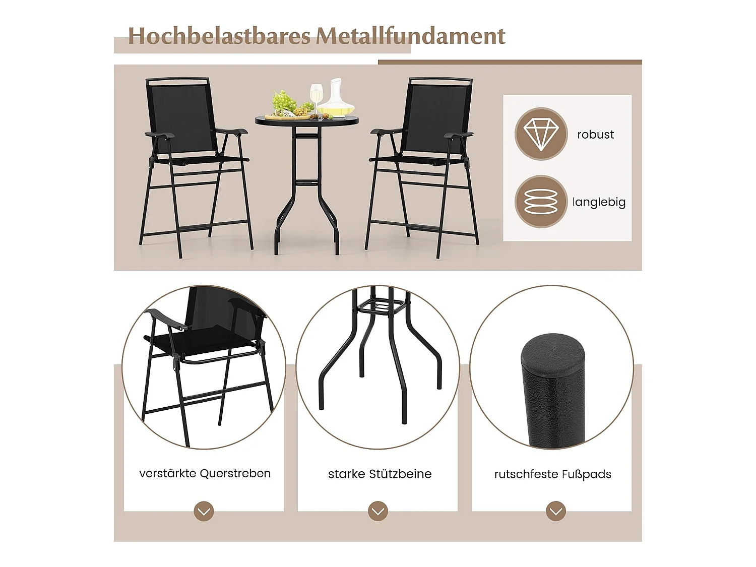 Bistrotafel met 2 inklapbare stoelen en paraplugat, 3-delige outdoor barkrukset, balkonmeubel, balkonset, tuinmeubelset, zitgroep, tuingarnituur ZB33963