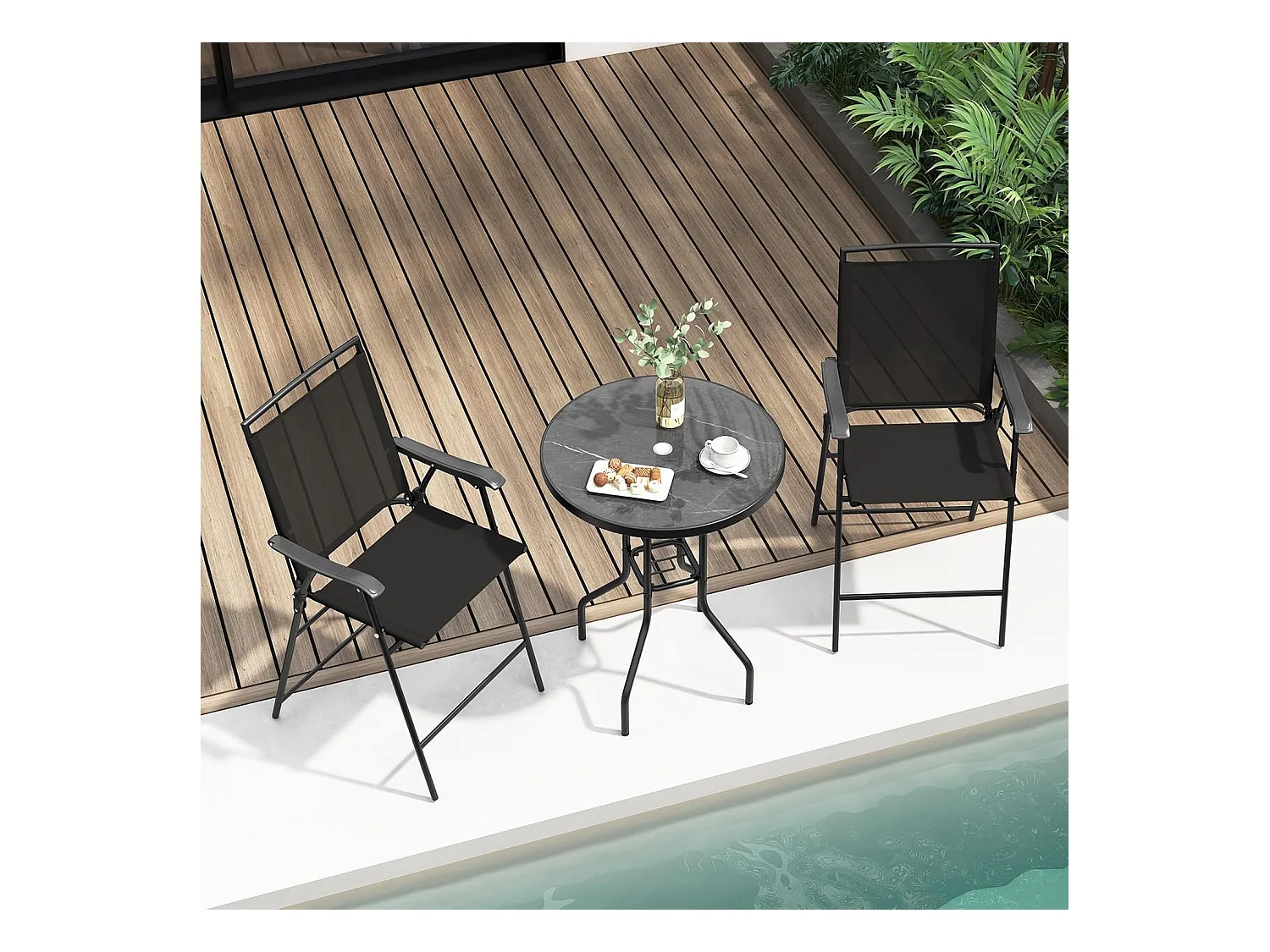 Bistrotafel met 2 inklapbare stoelen en paraplugat, 3-delige outdoor barkrukset, balkonmeubel, balkonset, tuinmeubelset, zitgroep, tuingarnituur ZB33963