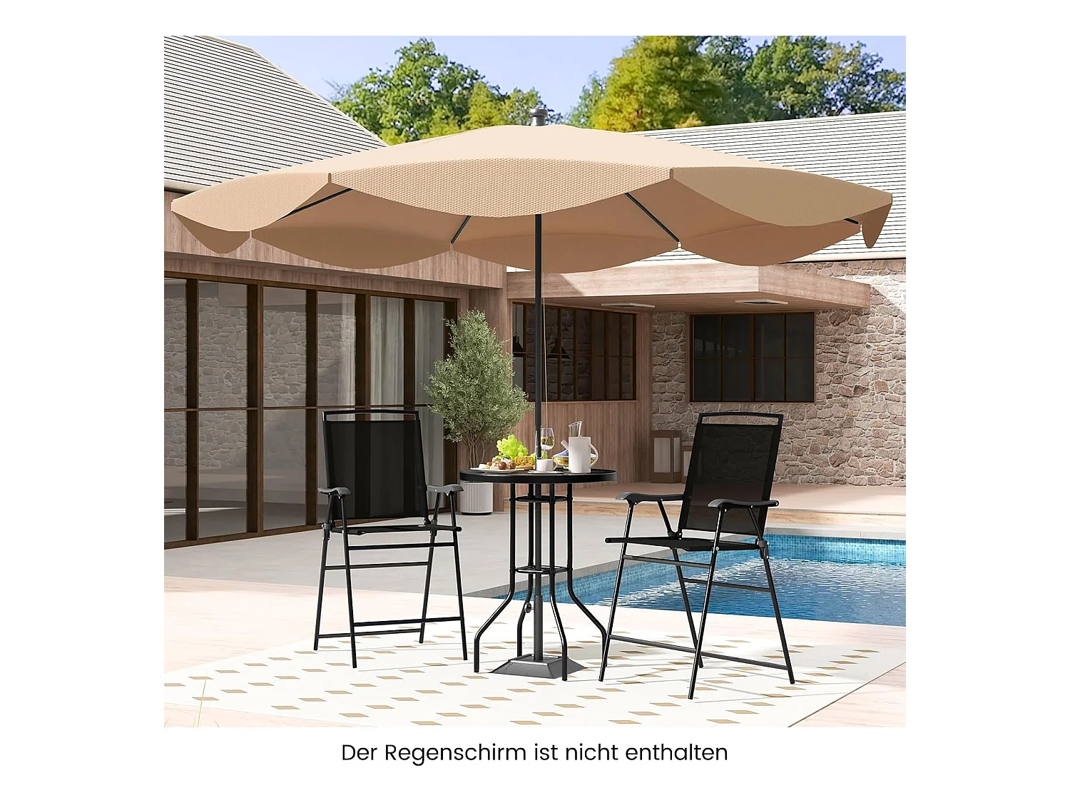 Bistrotafel met 2 inklapbare stoelen en paraplugat, 3-delige outdoor barkrukset, balkonmeubel, balkonset, tuinmeubelset, zitgroep, tuingarnituur ZB33963