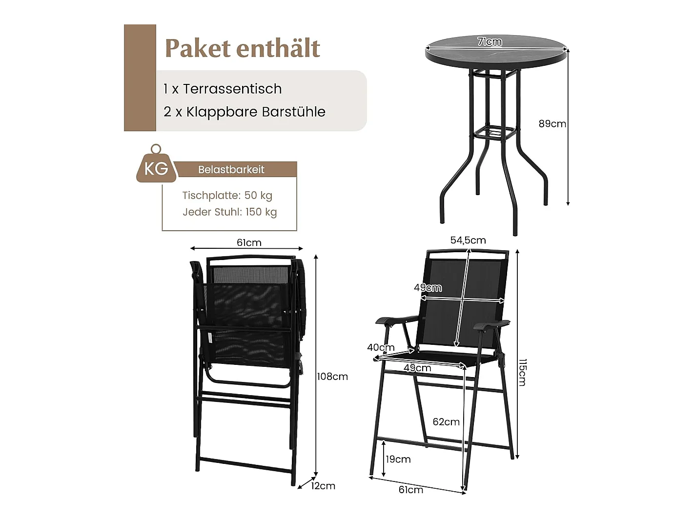 Bistrotafel met 2 inklapbare stoelen en paraplugat, 3-delige outdoor barkrukset, balkonmeubel, balkonset, tuinmeubelset, zitgroep, tuingarnituur ZB33963