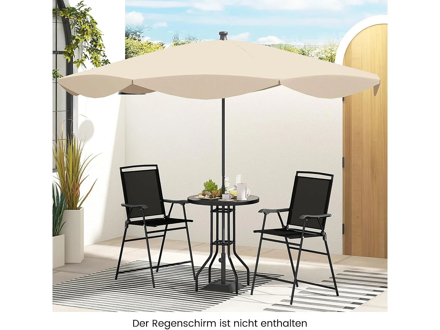 Bistrotafel met 2 inklapbare stoelen en paraplugat, 3-delige outdoor barkrukset, balkonmeubel, balkonset, tuinmeubelset, zitgroep, tuingarnituur ZB33963