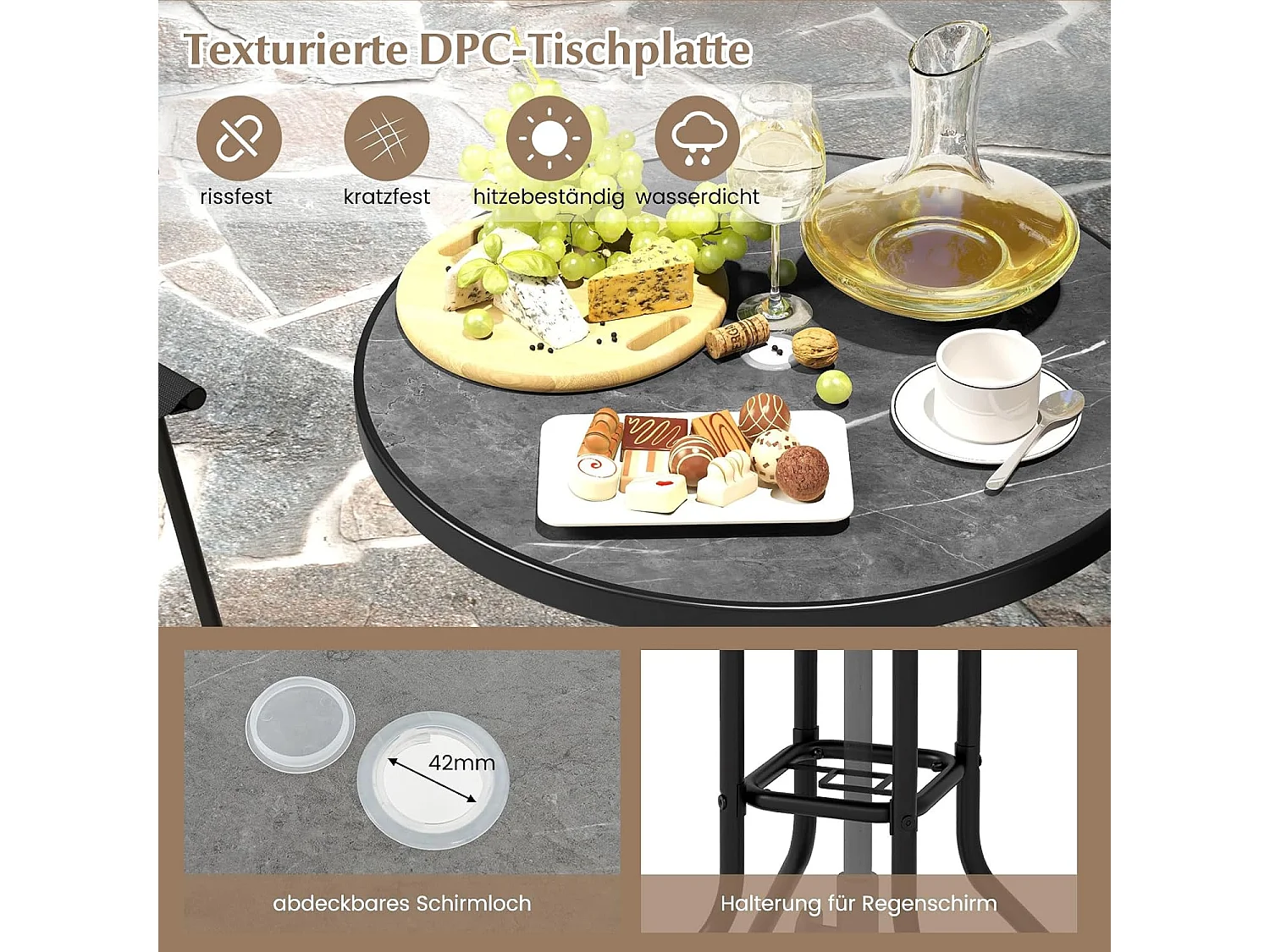 Bistrotafel met 2 inklapbare stoelen en paraplugat, 3-delige outdoor barkrukset, balkonmeubel, balkonset, tuinmeubelset, zitgroep, tuingarnituur ZB33963