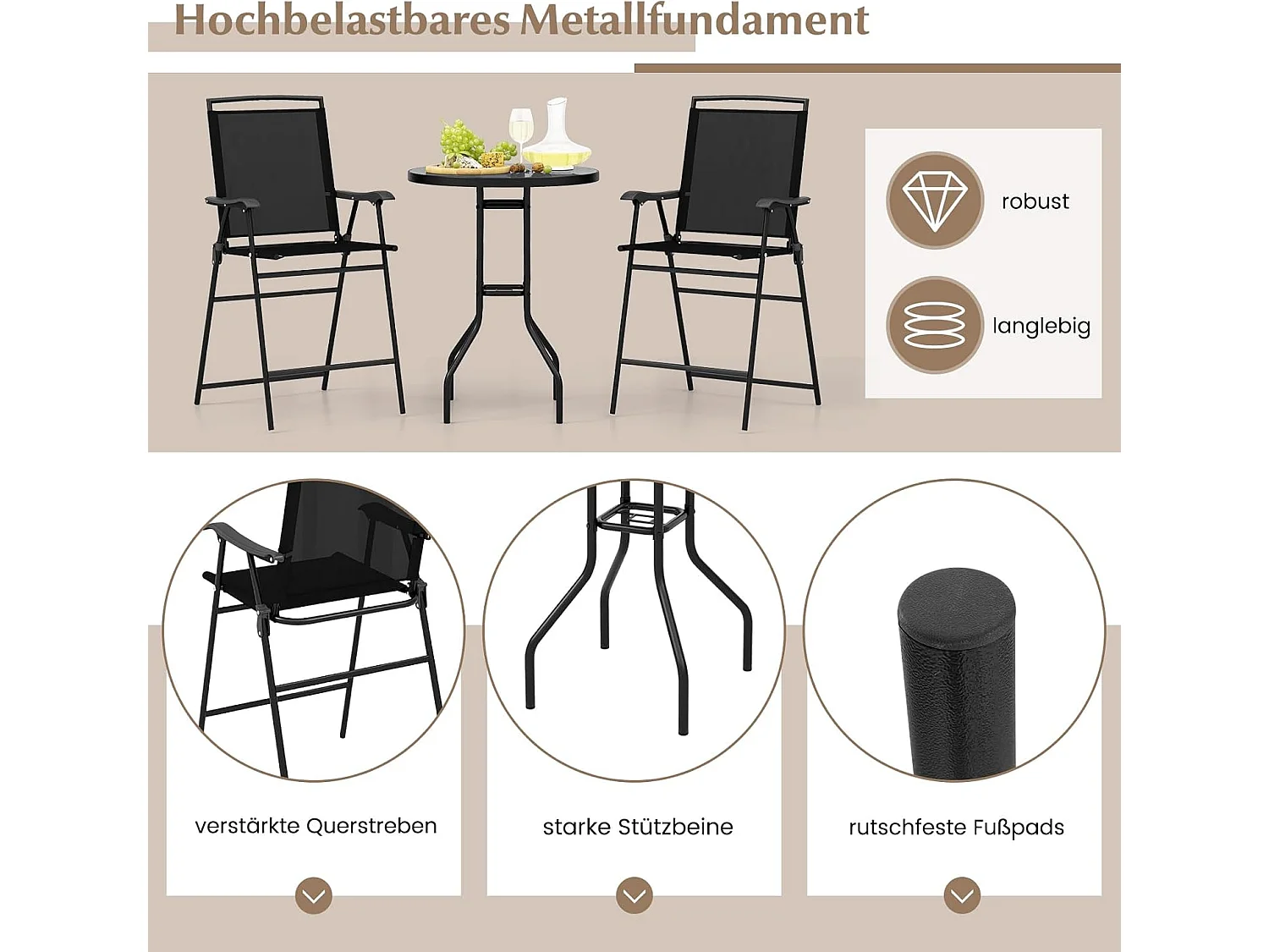 Bistrotafel met 2 inklapbare stoelen en paraplugat, 3-delige outdoor barkrukset, balkonmeubel, balkonset, tuinmeubelset, zitgroep, tuingarnituur ZB33963