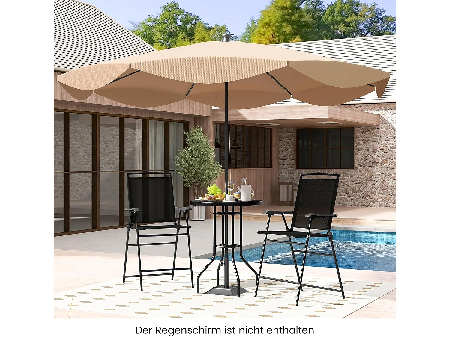 Bistrotafel met 2 inklapbare stoelen en paraplugat, 3-delige outdoor barkrukset, balkonmeubel, balkonset, tuinmeubelset, zitgroep, tuingarnituur ZB33963