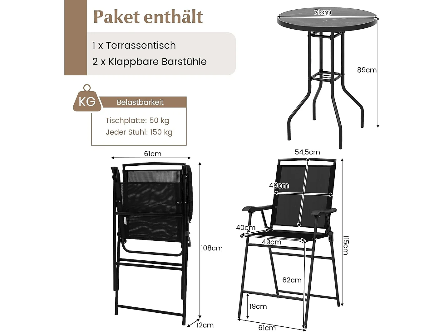 Bistrotafel met 2 inklapbare stoelen en paraplugat, 3-delige outdoor barkrukset, balkonmeubel, balkonset, tuinmeubelset, zitgroep, tuingarnituur ZB33963