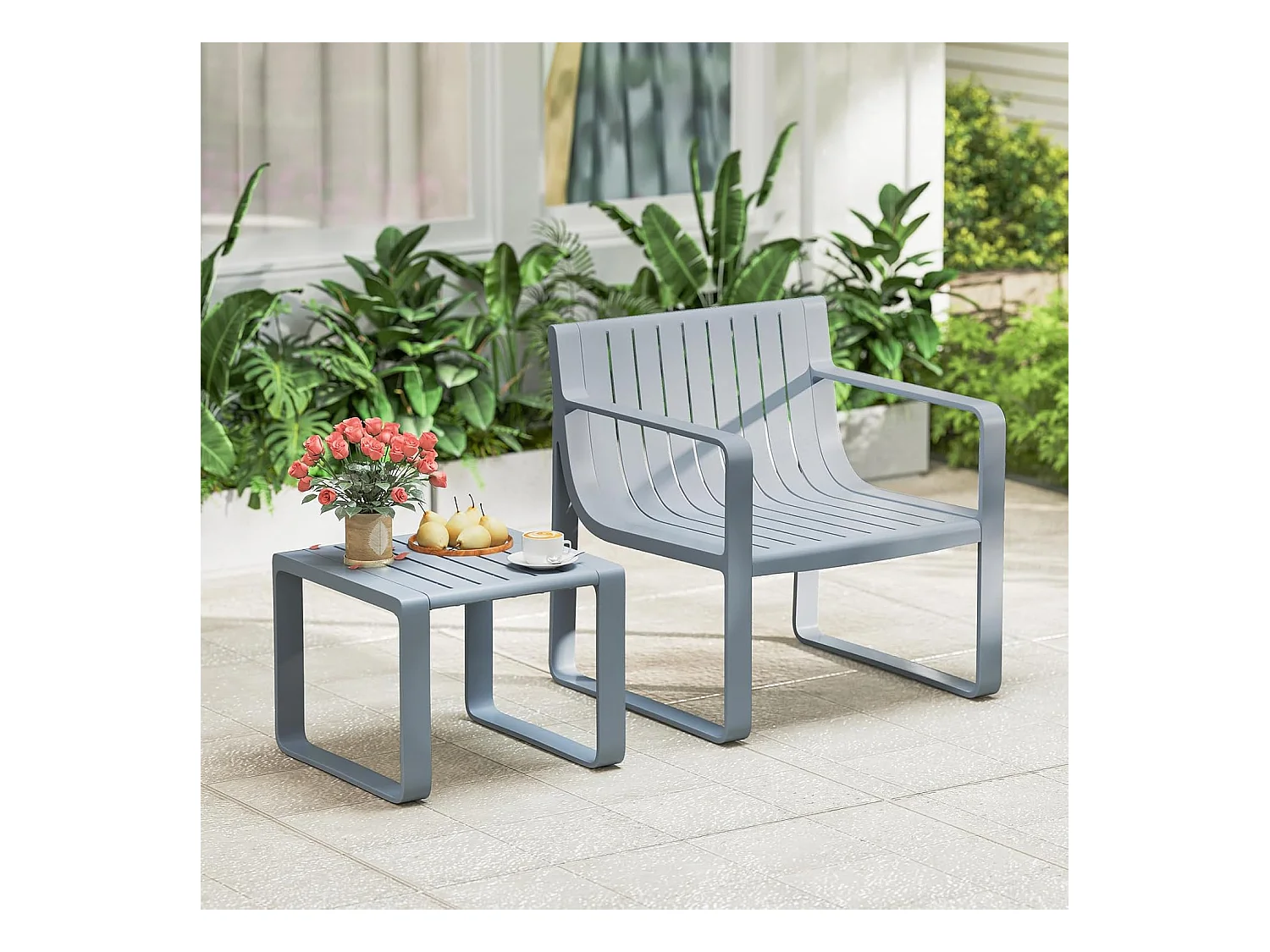 2-delige tuinmeubelset, weerbestendige balkonset van PP, balkonmeubelset, tuinstoel met tafel, terrasmeubels, tuinset, zitgroep grijs ZB33173