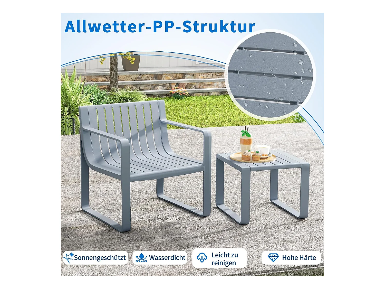 2-delige tuinmeubelset, weerbestendige balkonset van PP, balkonmeubelset, tuinstoel met tafel, terrasmeubels, tuinset, zitgroep grijs ZB33173