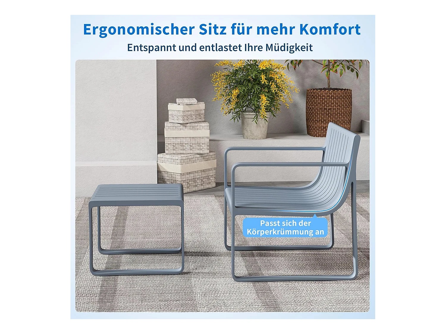 2-delige tuinmeubelset, weerbestendige balkonset van PP, balkonmeubelset, tuinstoel met tafel, terrasmeubels, tuinset, zitgroep grijs ZB33173