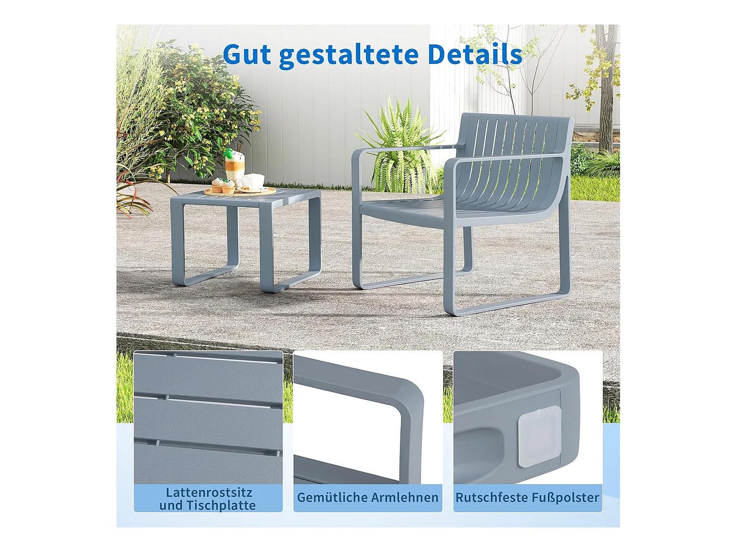 2-delige tuinmeubelset, weerbestendige balkonset van PP, balkonmeubelset, tuinstoel met tafel, terrasmeubels, tuinset, zitgroep grijs ZB33173