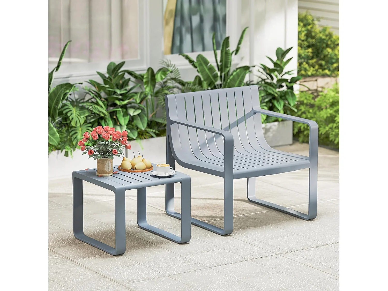 2-delige tuinmeubelset, weerbestendige balkonset van PP, balkonmeubelset, tuinstoel met tafel, terrasmeubels, tuinset, zitgroep grijs ZB33173