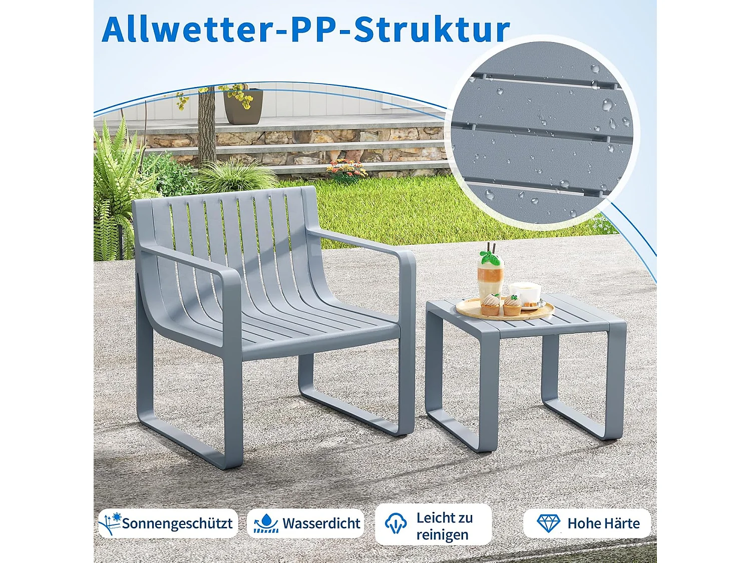 2-delige tuinmeubelset, weerbestendige balkonset van PP, balkonmeubelset, tuinstoel met tafel, terrasmeubels, tuinset, zitgroep grijs ZB33173