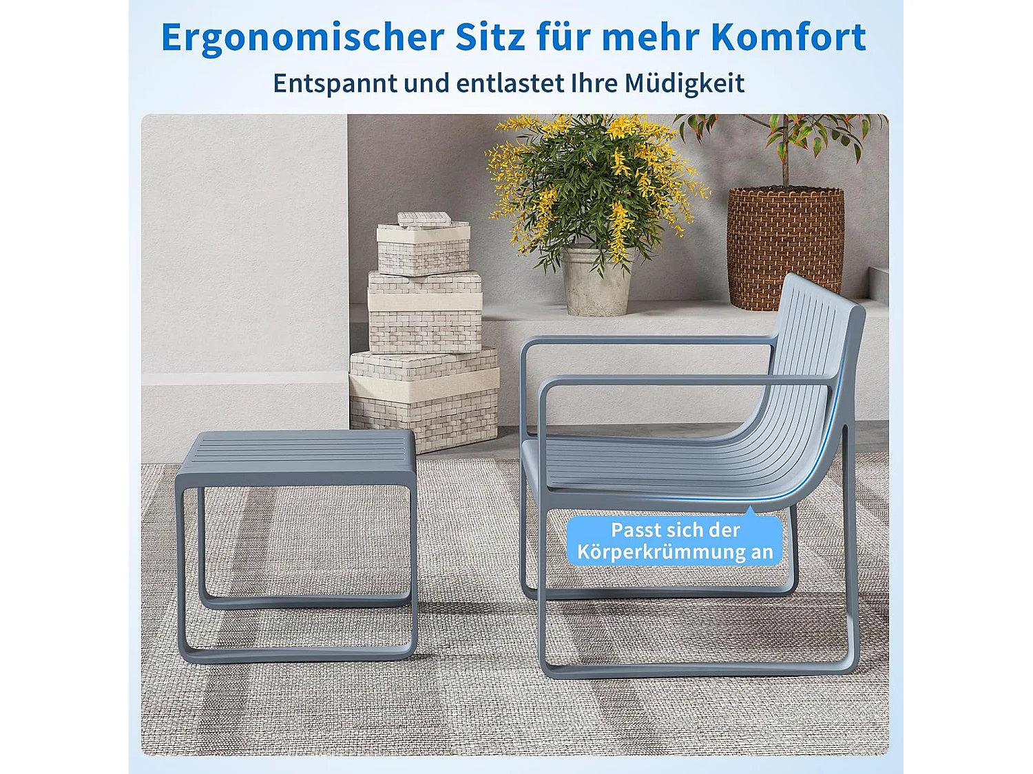 2-delige tuinmeubelset, weerbestendige balkonset van PP, balkonmeubelset, tuinstoel met tafel, terrasmeubels, tuinset, zitgroep grijs ZB33173