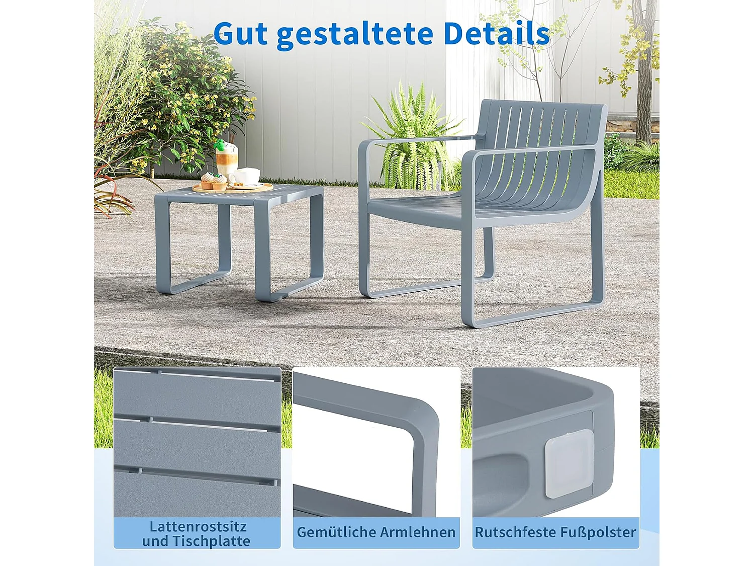 2-delige tuinmeubelset, weerbestendige balkonset van PP, balkonmeubelset, tuinstoel met tafel, terrasmeubels, tuinset, zitgroep grijs ZB33173