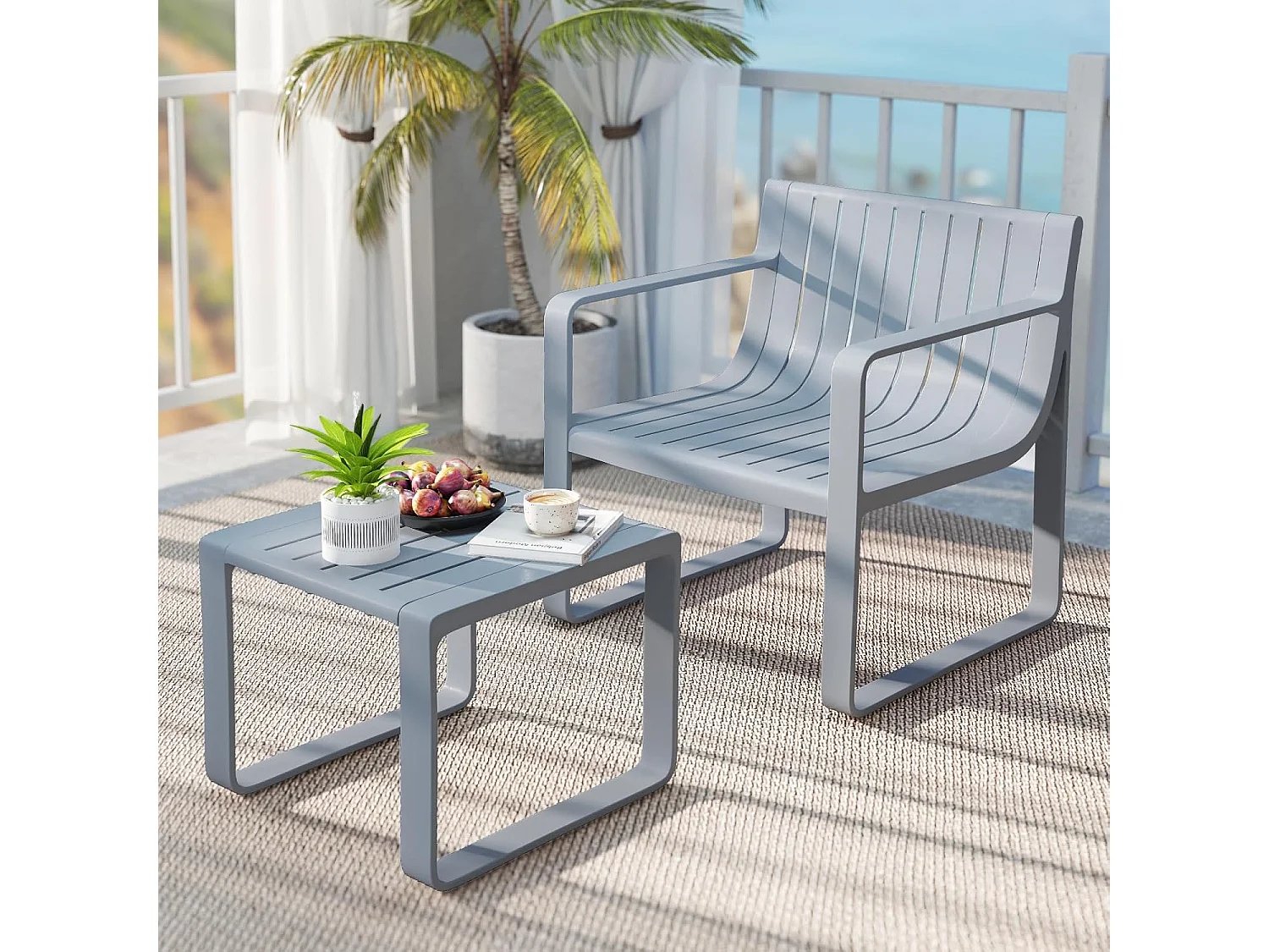 2-delige tuinmeubelset, weerbestendige balkonset van PP, balkonmeubelset, tuinstoel met tafel, terrasmeubels, tuinset, zitgroep grijs ZB33173