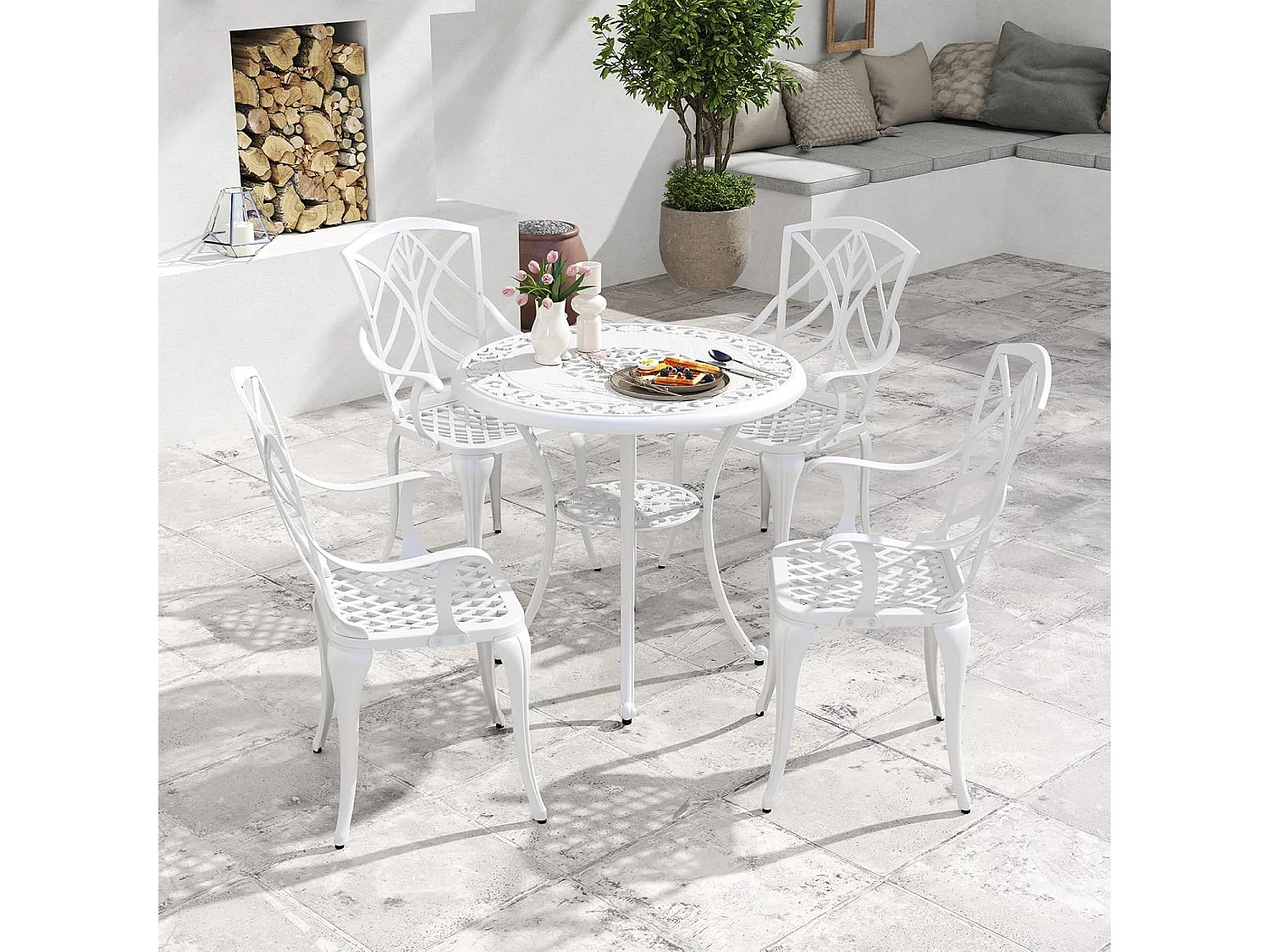 5-delige tuinmeubelset, terrasmeubels incl. 4 stoelen, 1 tafel met paraplugat, tuinmeubelen voor 4 personen, zitgroep voor tuin, terras, wit ZB34579