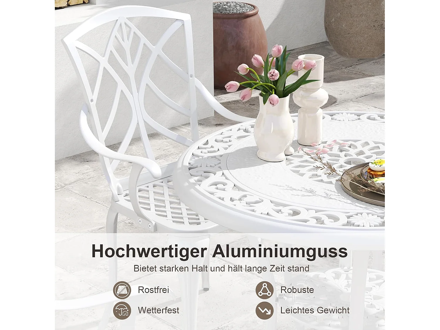 5-delige tuinmeubelset, terrasmeubels incl. 4 stoelen, 1 tafel met paraplugat, tuinmeubelen voor 4 personen, zitgroep voor tuin, terras, wit ZB34579