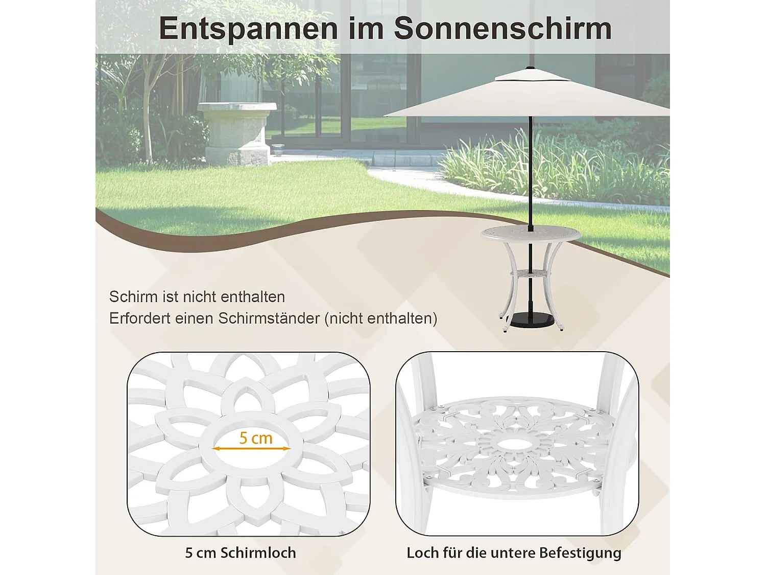 5-delige tuinmeubelset, terrasmeubels incl. 4 stoelen, 1 tafel met paraplugat, tuinmeubelen voor 4 personen, zitgroep voor tuin, terras, wit ZB34579