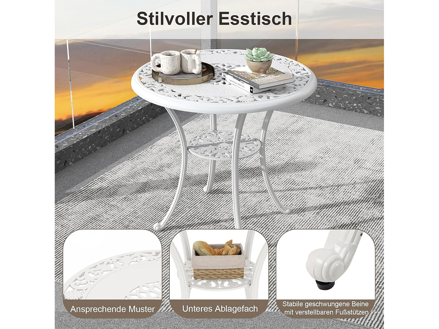 5-delige tuinmeubelset, terrasmeubels incl. 4 stoelen, 1 tafel met paraplugat, tuinmeubelen voor 4 personen, zitgroep voor tuin, terras, wit ZB34579