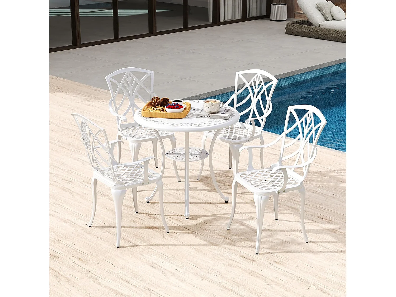 5-delige tuinmeubelset, terrasmeubels incl. 4 stoelen, 1 tafel met paraplugat, tuinmeubelen voor 4 personen, zitgroep voor tuin, terras, wit ZB34579