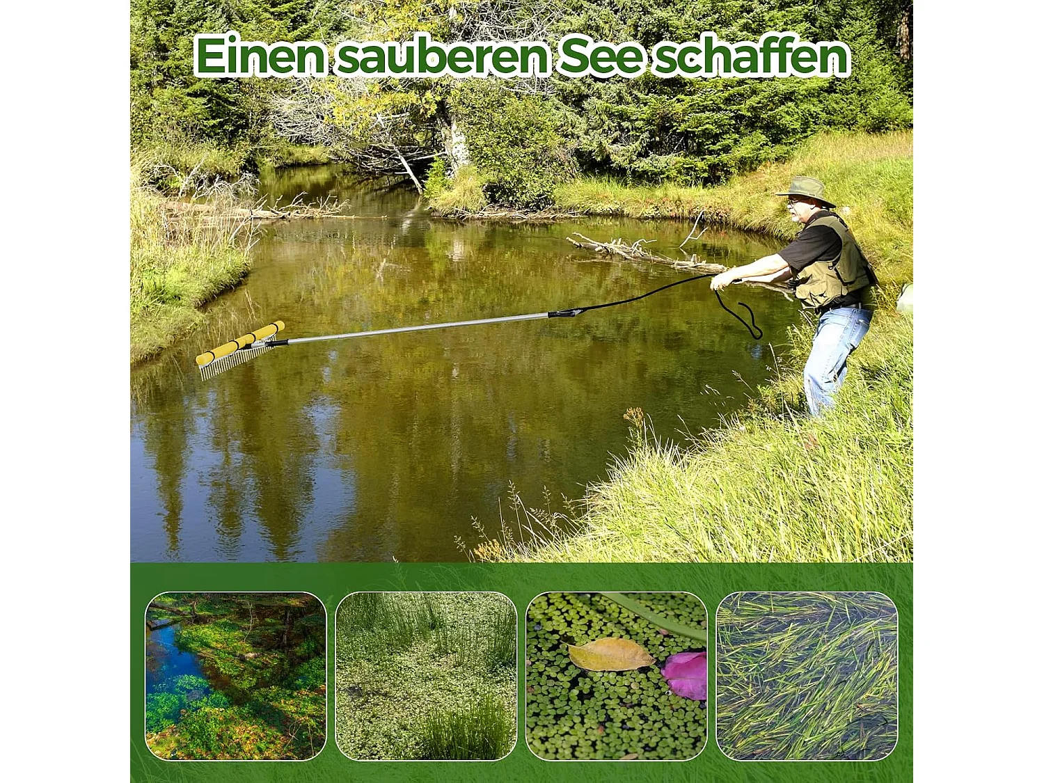 Drijvende Weed-zeehark met 92 cm rekenkop, verstelbare verlenghandgreep,opvouwbare landschapshark voor het verwijderen van onkruid en algen