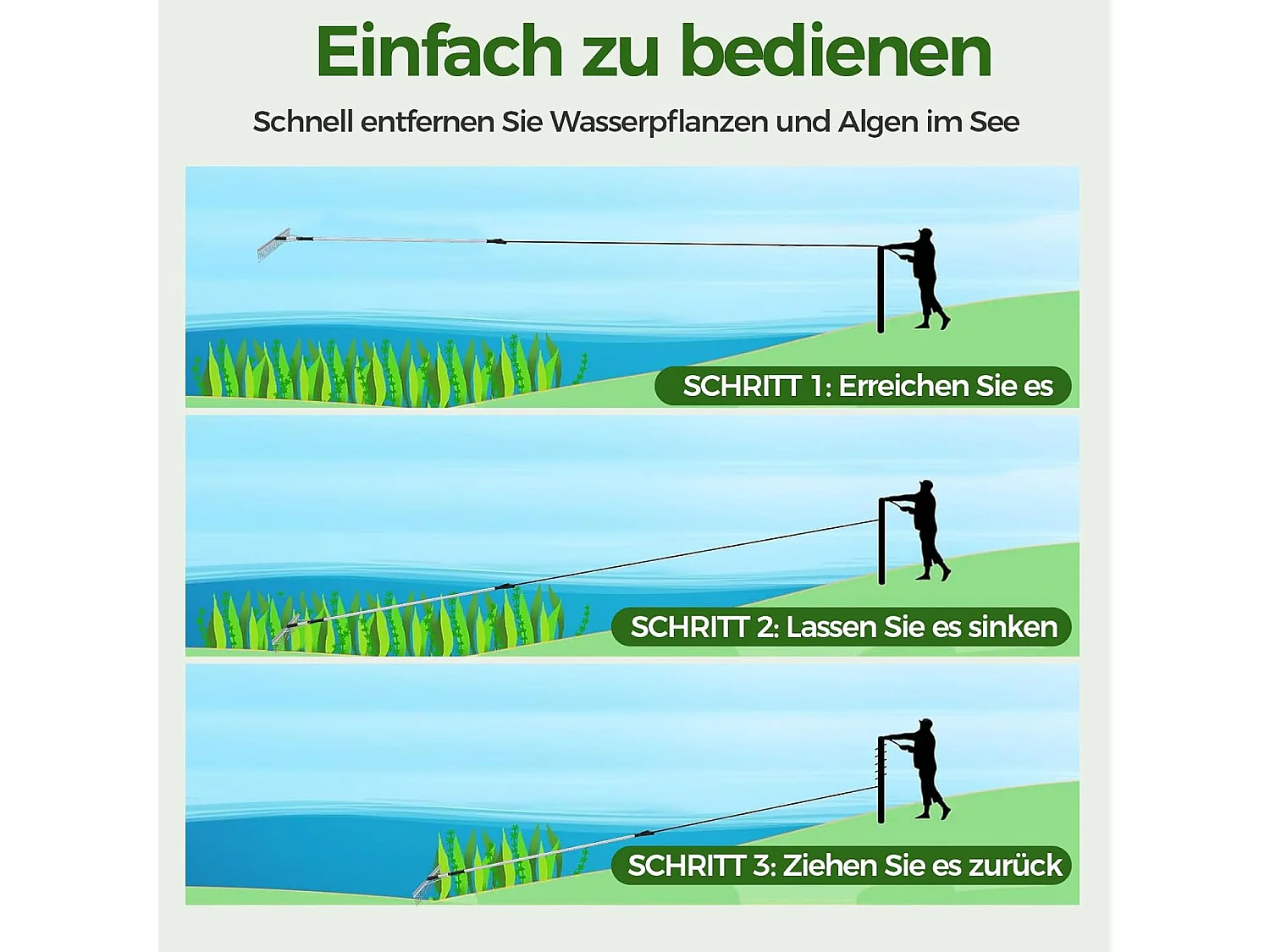 Drijvende Weed-zeehark met 92 cm rekenkop, verstelbare verlenghandgreep,opvouwbare landschapshark voor het verwijderen van onkruid en algen