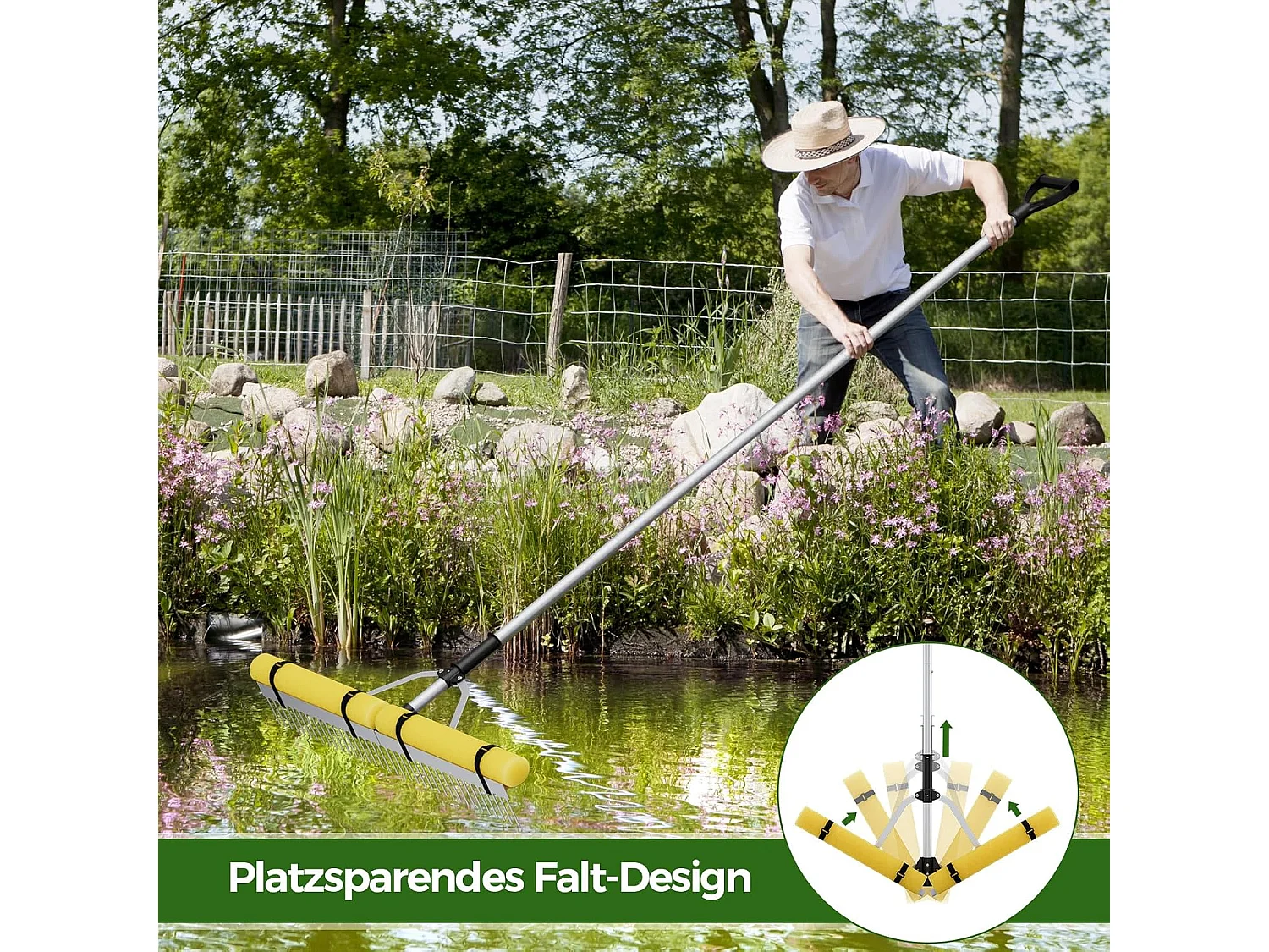 Drijvende Weed-zeehark met 92 cm rekenkop, verstelbare verlenghandgreep,opvouwbare landschapshark voor het verwijderen van onkruid en algen