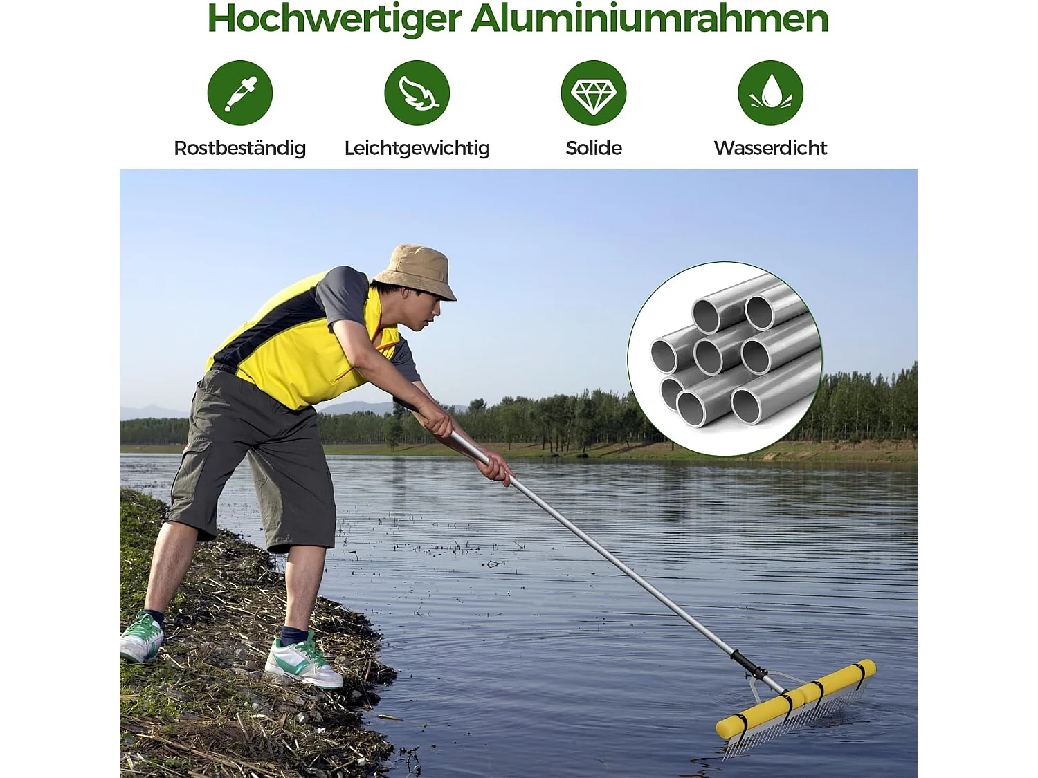 Drijvende Weed-zeehark met 92 cm rekenkop, verstelbare verlenghandgreep,opvouwbare landschapshark voor het verwijderen van onkruid en algen