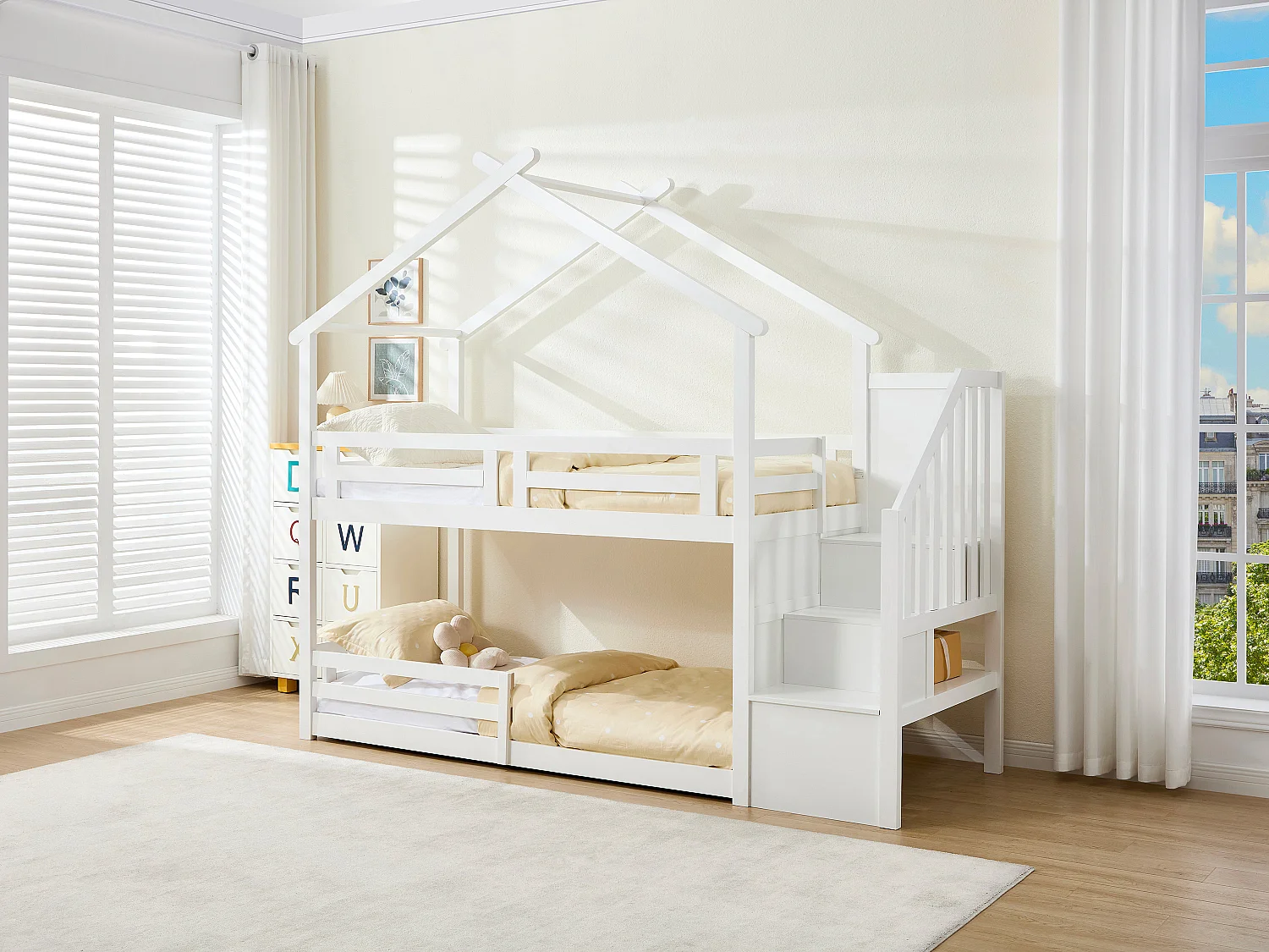 Lit superposé cabane 90 x 190 cm - Pin et MDF - Blanc - TALETY