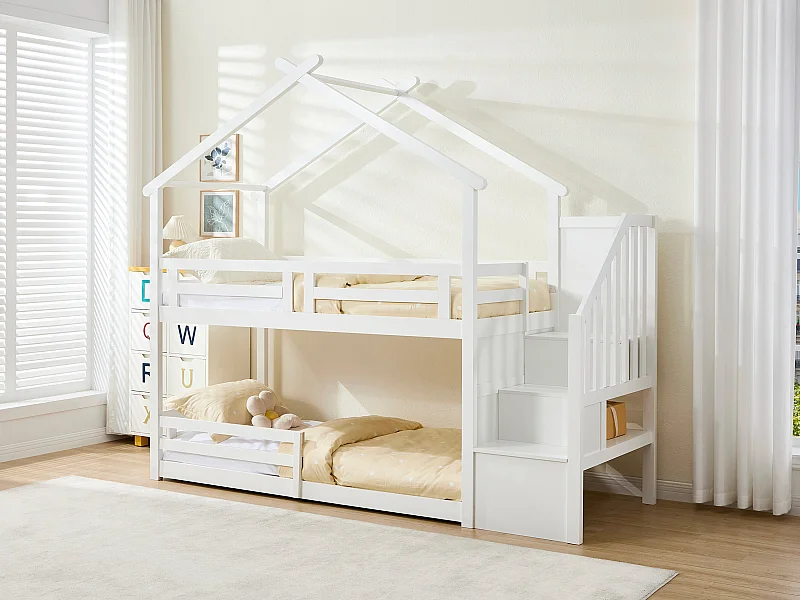 Lit superposé cabane 90 x 190 cm - Pin et MDF - Blanc - TALETY