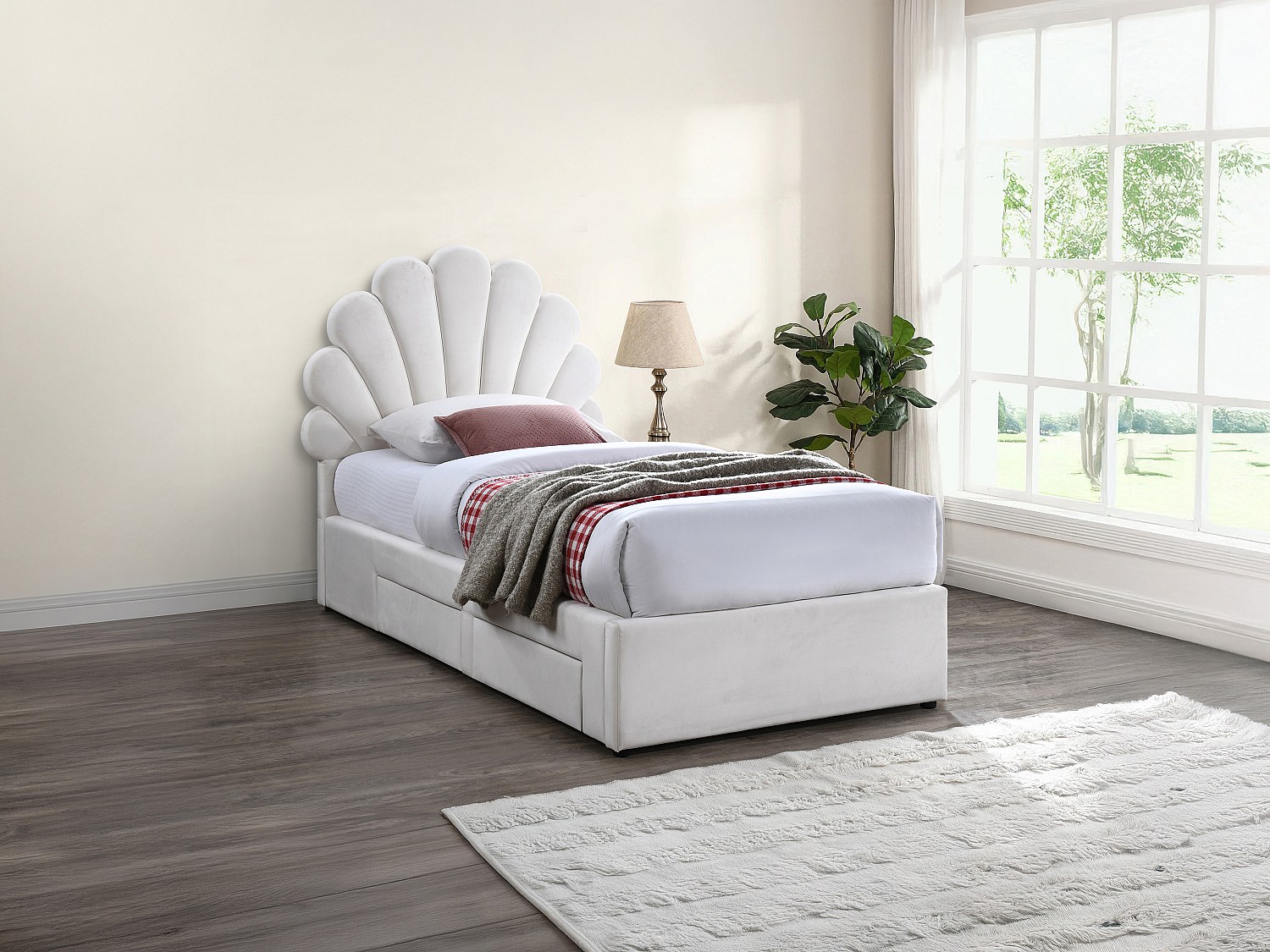 Bett Muschelbett - 90 x 190 cm - mit 2 Schubladen - Samt - Weiß - MOANA günstig online kaufen