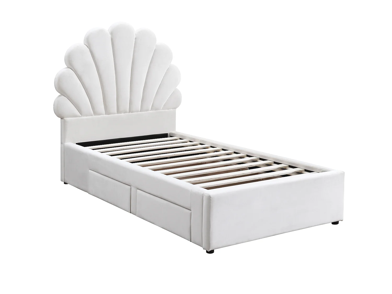 Lit coquillage 90 x 190 cm avec 2 tiroirs - Velours - Blanc - MOANA