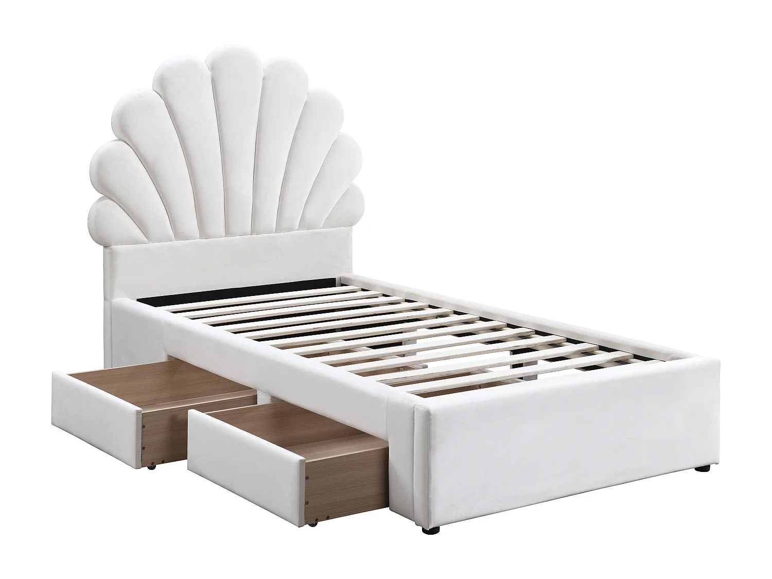 Lit coquillage 90 x 190 cm avec 2 tiroirs - Velours - Blanc - MOANA