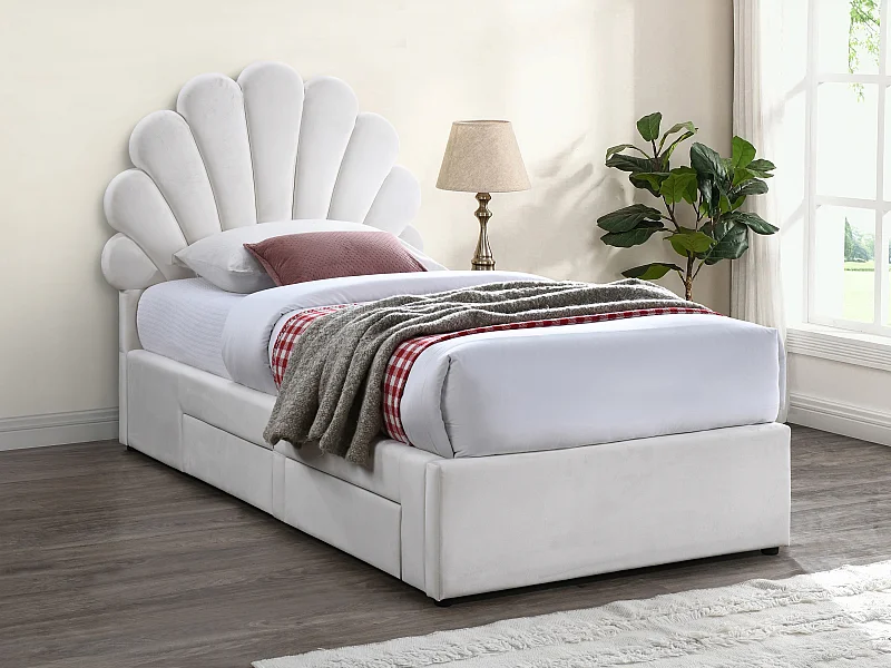 Lit coquillage 90 x 190 cm avec 2 tiroirs - Velours - Blanc - MOANA