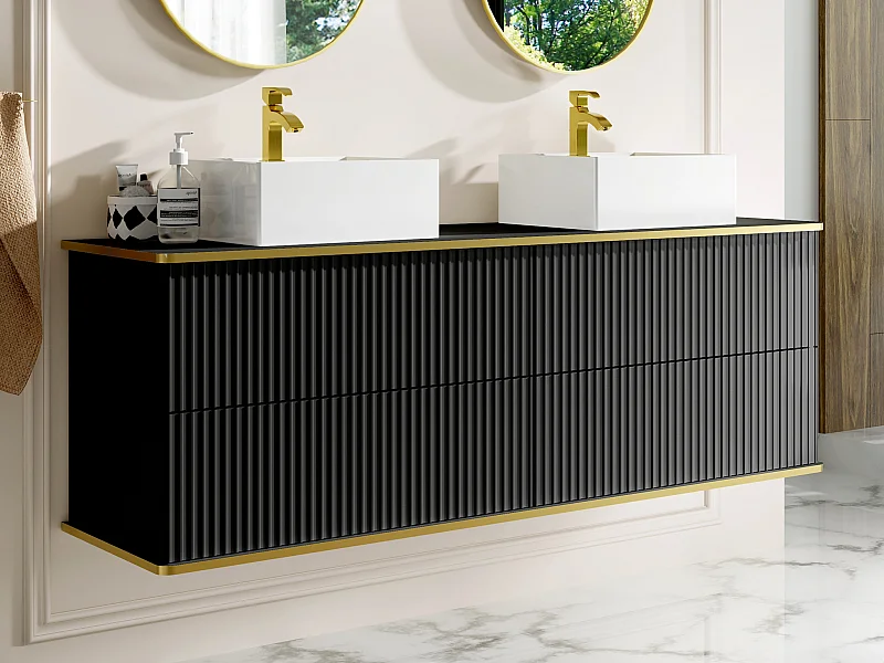 Hangmeubel voor badkamer met ribbels en goudkleurige rand met vierkante dubbele opbouwwastafel - Zwart - 150 cm - KELIZA