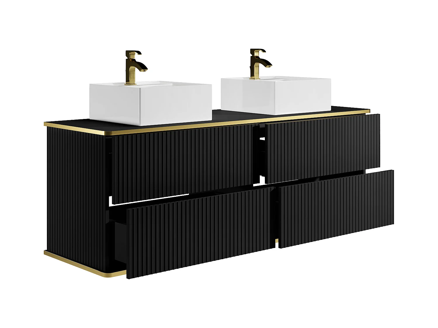 Meuble de salle de bain suspendu strié liseré doré avec double vasque à poser carrée et 4 tiroirs - Noir - 150 cm - KELIZA