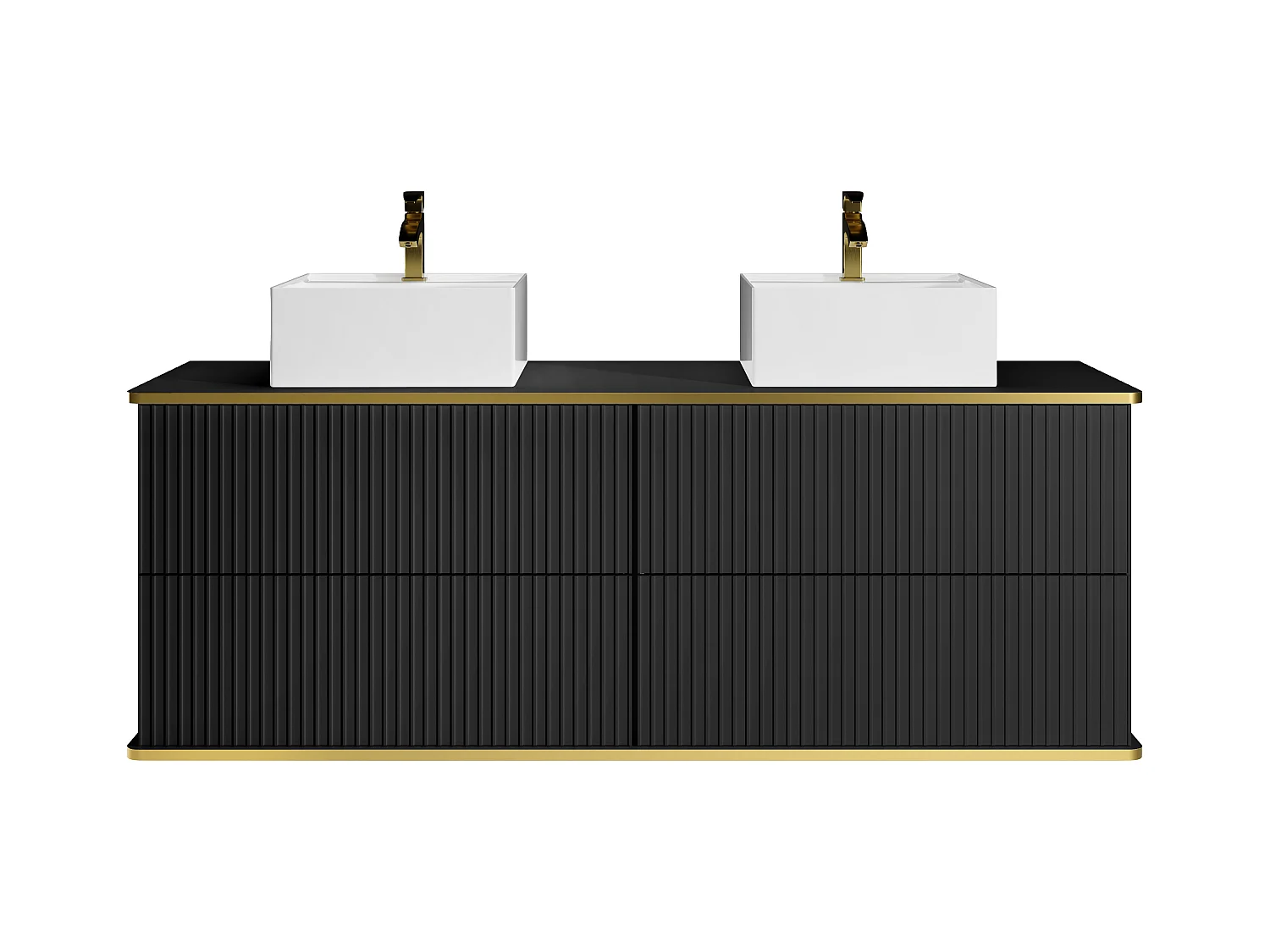 Meuble de salle de bain suspendu strié liseré doré avec double vasque à poser carrée et 4 tiroirs - Noir - 150 cm - KELIZA