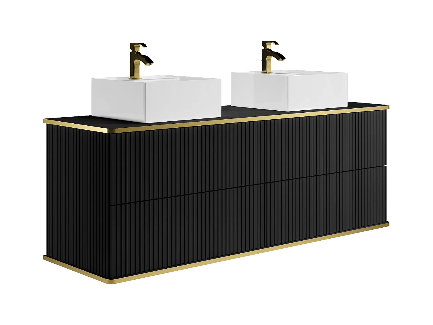 Meuble de salle de bain suspendu strié liseré doré avec double vasque à poser carrée et 4 tiroirs - Noir - 150 cm - KELIZA