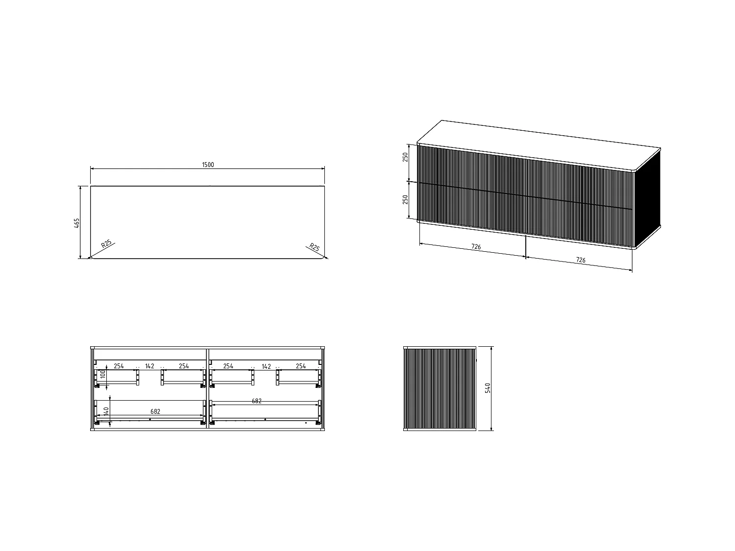 Meuble de salle de bain suspendu strié liseré doré avec double vasque à poser carrée et 4 tiroirs - Noir - 150 cm - KELIZA