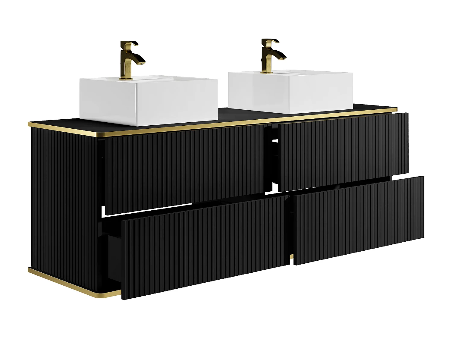 Meuble de salle de bain suspendu strié liseré doré avec double vasque à poser carrée et 4 tiroirs - Noir - 150 cm - KELIZA