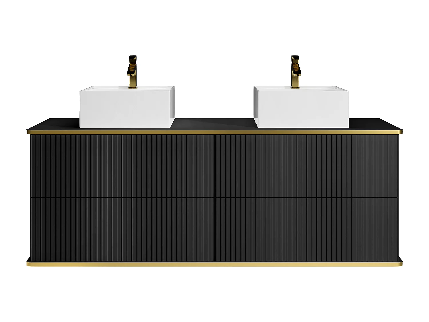 Meuble de salle de bain suspendu strié liseré doré avec double vasque à poser carrée et 4 tiroirs - Noir - 150 cm - KELIZA