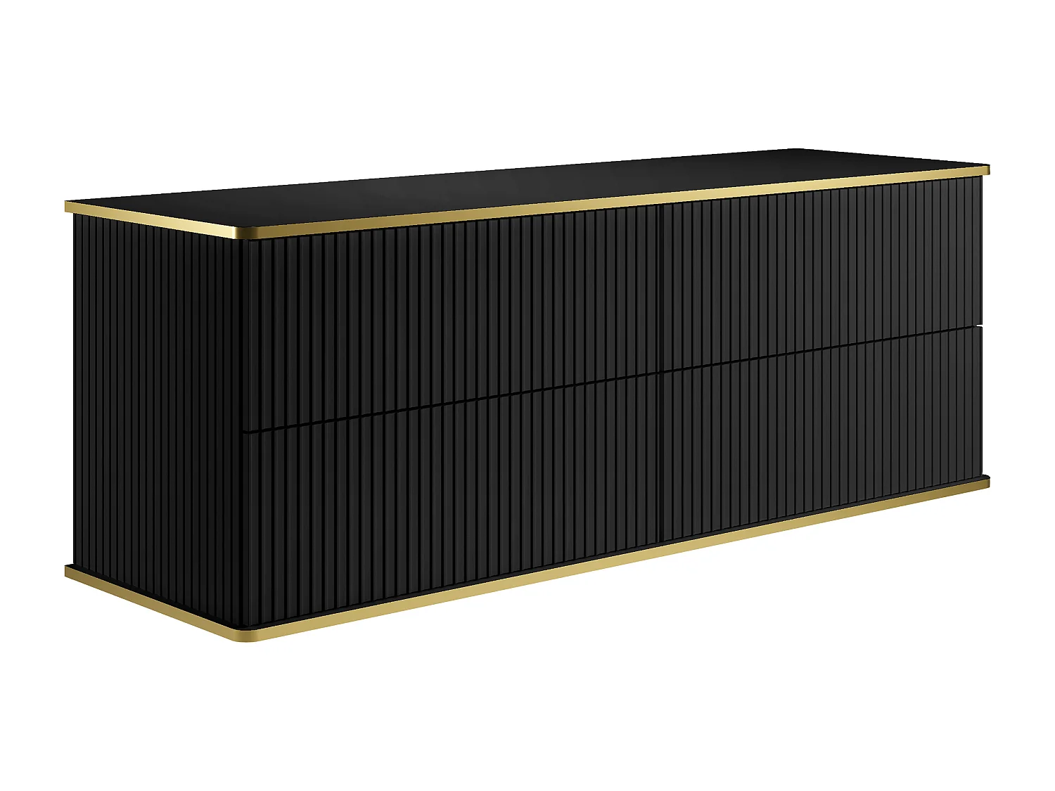 Meuble de salle de bain suspendu strié liseré doré avec double vasque à poser carrée et 4 tiroirs - Noir - 150 cm - KELIZA