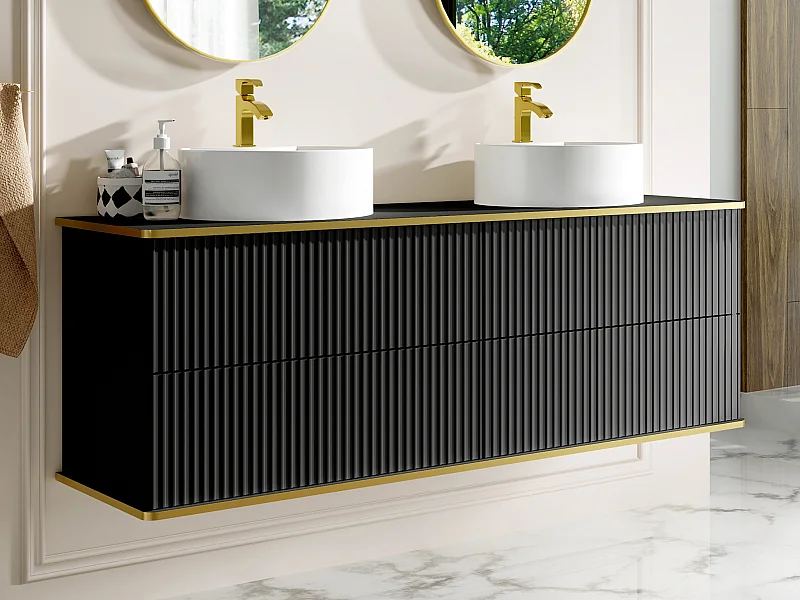 Mobile per bagno sospeso con scanalature con profilo Dorato doppio lavabo appoggio tondo 4 cassetti 150 cm Nero - KELIZA