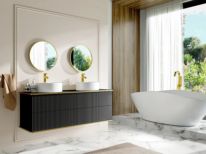 Mueble de baño suspendido estriado con ribete dorado y doble lavabo redondo - Negro - 150 cm - KELIZA