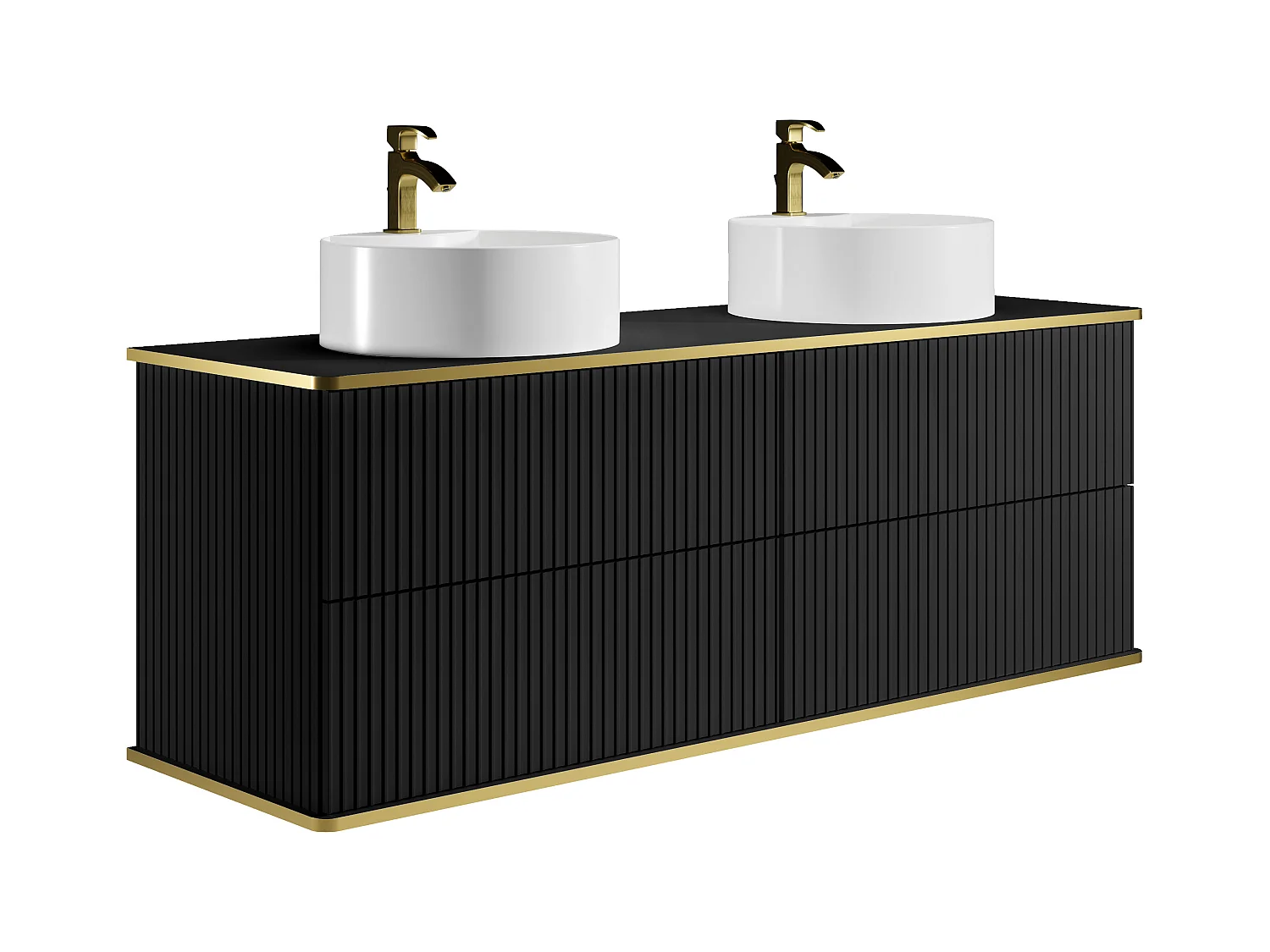 Meuble de salle de bain suspendu strié liseré doré avec double vasque à poser ronde et 4 tiroirs - Noir - 150 cm - KELIZA