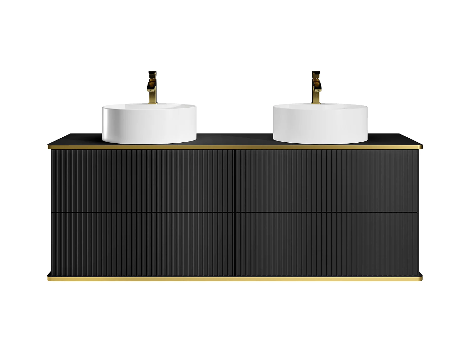 Meuble de salle de bain suspendu strié liseré doré avec double vasque à poser ronde et 4 tiroirs - Noir - 150 cm - KELIZA