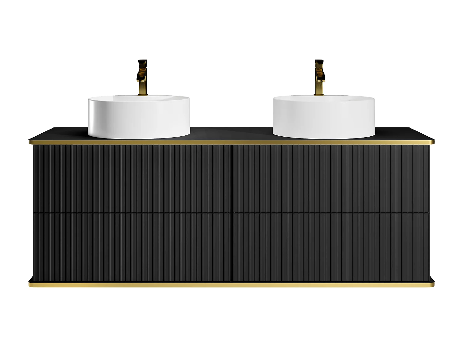 Meuble de salle de bain suspendu strié liseré doré avec double vasque à poser ronde et 4 tiroirs - Noir - 150 cm - KELIZA