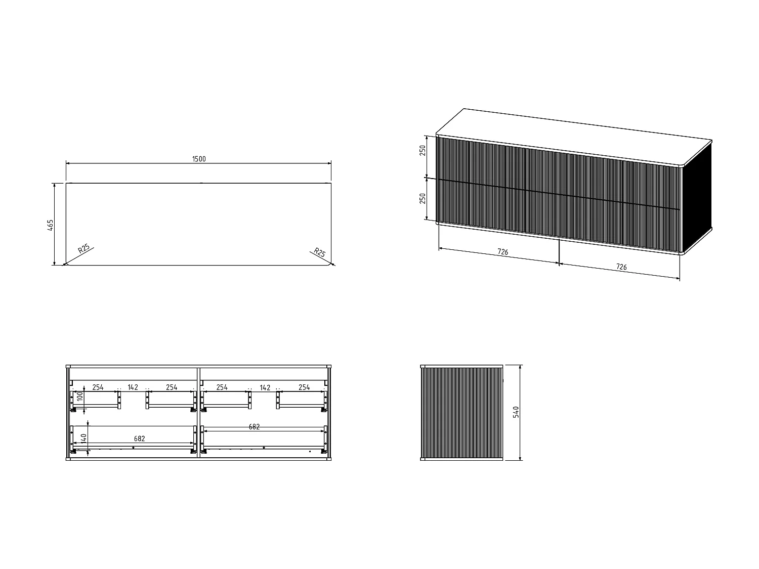 Meuble de salle de bain suspendu strié liseré doré avec double vasque à poser ronde et 4 tiroirs - Noir - 150 cm - KELIZA