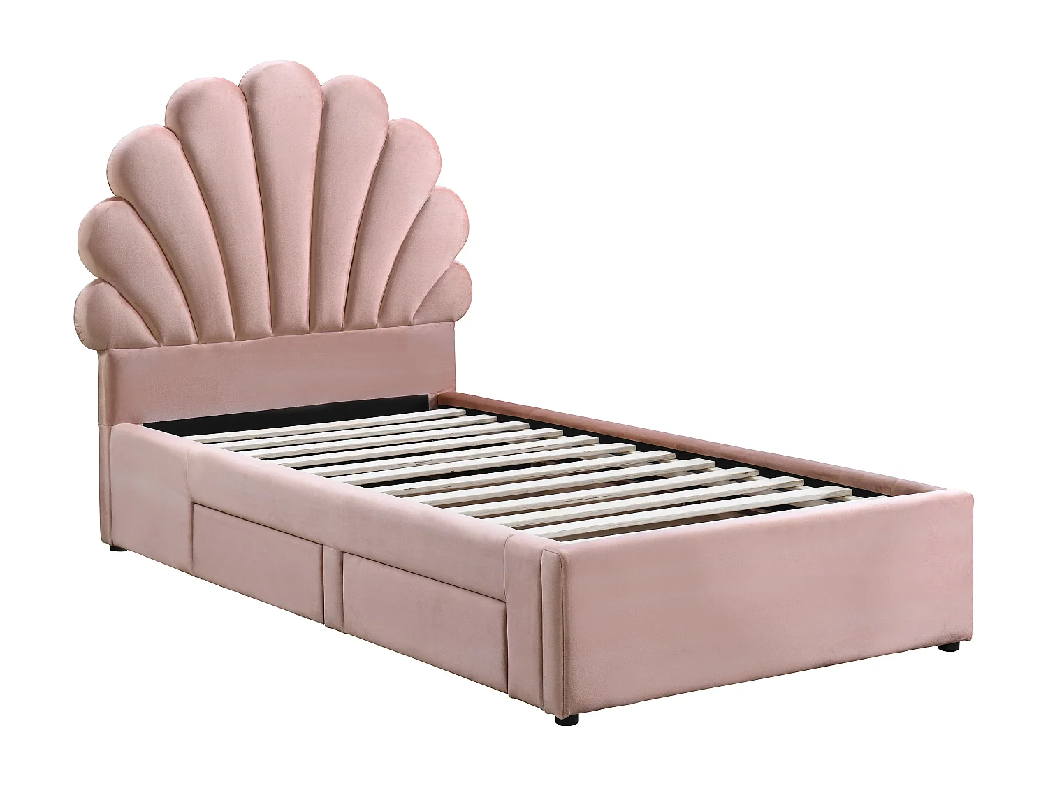 Lit coquillage 90 x 190 cm avec 2 tiroirs - Velours - Rose - MOANA